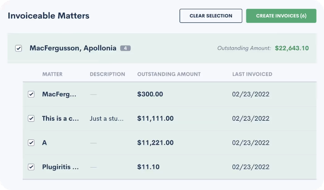 Legal Billing screenshot from the MHSB Lawmatics implementation