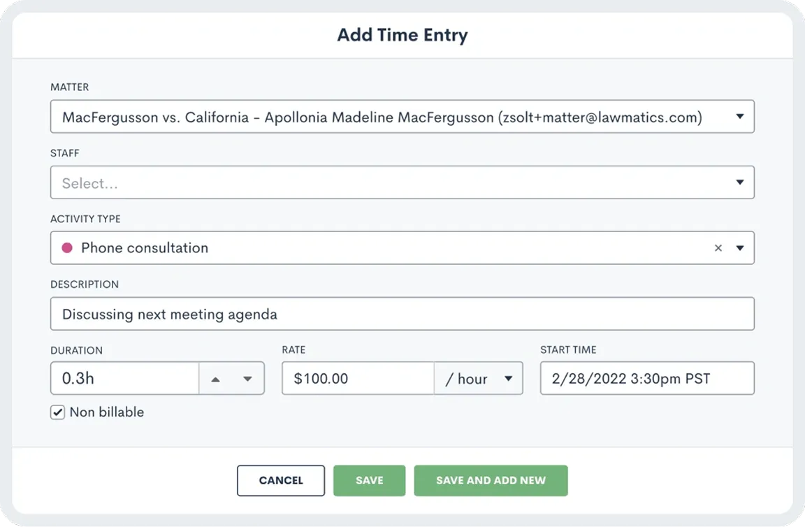 Time entry interface for adding billable time